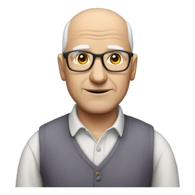 old bald white man with glasses, no moustache, slightly plum, wearing a plain grey shirt sticker