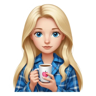 girl
blue eyes
long blond hair
wearing plaid housecoat
holding a white mug of coffee
wearing rose gold apple watch  sticker