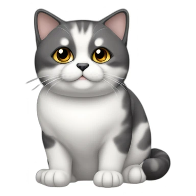senior chubby diluted calico cat, white chin, black nose, grey ears, grey and white sticker