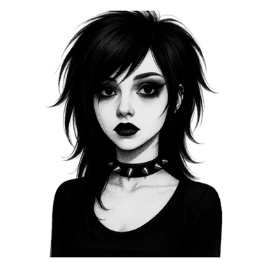 emo girl with heart-shaped face, choker necklace, dark lipstick, gothic vibe sticker