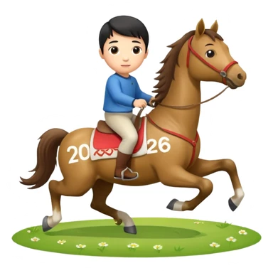 l little chinese boy riding on a  cute horse running on the grass with 2026 year label sticker