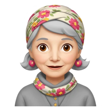 A kind old Soviet village grandmother emoji — elderly woman wearing a floral headscarf tied under her chin, simple gray cardigan, warm smile, friendly face, flat emoji style, minimal Apple-like design. sticker