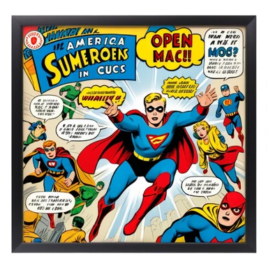 Icon for Vintage American Comics: an open comic book with classic 1940s-1950s American comic art, featuring superheroes in bold, bright colors, with action panels and exaggerated speech bubbles. The icon should represent the nostalgic style of vintage comics. Transparent background. sticker