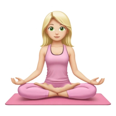 blonde long-haired yoga girl, green eyes, light pink yoga clothes, sitting on a yoga mat in meditation pose, emoji style sticker