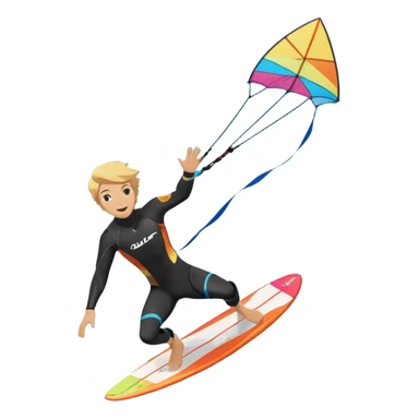 An athlete in a wetsuit riding a kiteboard, soaring over the waves with the kite high in the sky. The background features a vibrant blue sky and crashing ocean waves, capturing the thrill and freedom of kitesurfing in dynamic motion. sticker