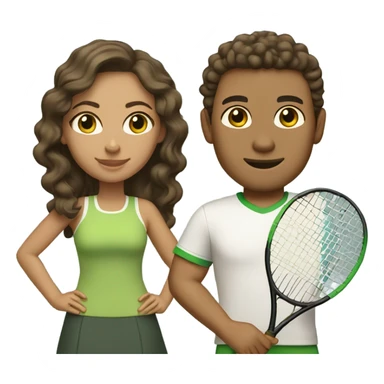 A couple playing tennis. The man is light skin (olive tone) with straight brown hair and green eyes. The woman is lighter tan (Latina) with curly dark brown hair and light brown eyes. sticker