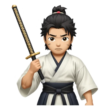 japanese samurai holding samurai sword he is wearing white kimono he has muscles and black messy hair  sticker