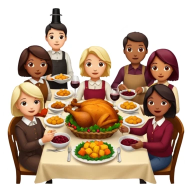 Thanksgiving Dinner with 10 people of different races around the table; have the food be a cooked turkey, mashed potatoes, corn, a basket of biscuits, a small bowl of cranberry sauce, baked yams, steamed vegetables, and a bottle of wine. sticker