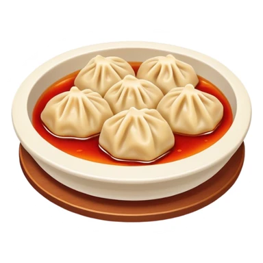 Chengdu Zhong dumplings with red oil sauce, simplified emoji style with bold outlines and bright colors, cartoon style Sichuan spicy water dumplings sticker