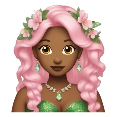 plus size woman, long beautiful pink hair, flowers in hair, glitter green dress, crystal jewelry, fairy wings, elf ears sticker