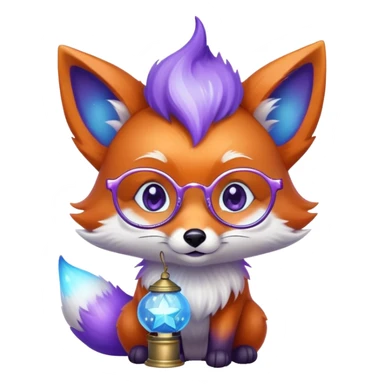 Laughing with tears of joy 😂 — a small magical fox with shimmering purple and blue fur, a glowing fluffy tail, a silver star on its forehead, round glasses, and a tiny lantern. sticker