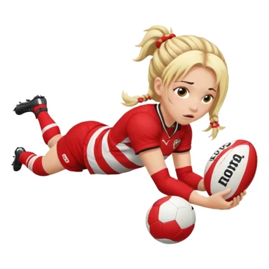 Chica de pelo rubio tirada en el suelo boca abajo agarrando un balón DE RUGBY con las manos vestida con una equipación de color rojo y blanco con líneas y con unas botas de tacos de fútbol, con un bucal en la boca y el pelo con trenzas, se la tienen que ver las piernas  sticker