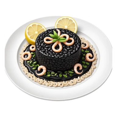 cinematic-realistic-black-risotto-dish-emoji,-showcasing-small squid pieces in black sauce -rendered-with-bold-textures-and-dynamic,-dramatic-lighting in a white plate with a grilled lemon on top sticker