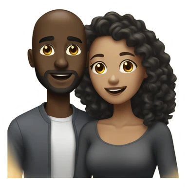 Dark skin man with bald head and beard taking selfie with light skin woman with long black curly hair sticker