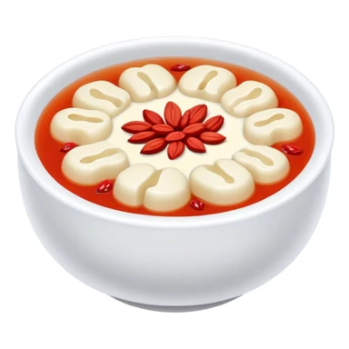 Sweet white fungus soup with red dates and goji berries, simplified emoji style with bold outlines and bright colors, cartoon style Yin Er Tang dessert sticker