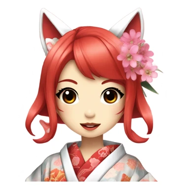 hime gyaru girl, kimono, red hair, kitsune mask sticker