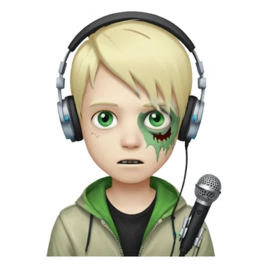boy zombie whit blonde emo hair and eyes blue and green skin and heandphones and a microfone sticker