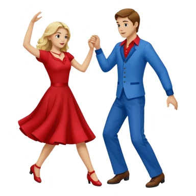 Two people. Man wearing all  RED with brown hair. Women  ALL blue with blond hair. Swing Dancing.  sticker