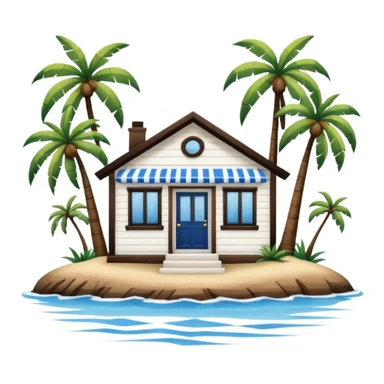 A full square no roof  white and blue stripe house horizontally with brown wooden door on a island with palm trees  sticker