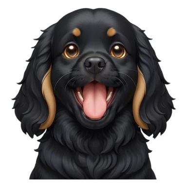 Cinematic Cute Yawning Black Cocker Spaniel Portrait Emoji, Head tilted slightly with a dramatic, wide-open yawn, showcasing a sleek black coat with subtle tan highlights, floppy ears slightly drooping, round dark eyes barely open in drowsy contentment, Simplified yet irresistibly adorable features, highly detailed, glowing with a soft, cozy glow, high shine, relaxed yet expressive, stylized with a touch of whimsy, bright and endearing, soft glowing outline, capturing the essence of a sleepy yet affectionate companion, so drowsy it feels like it could stretch out of the screen and curl up for a nap! sticker