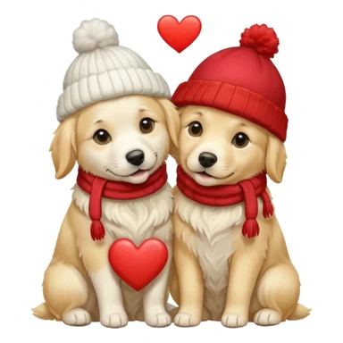 2 English cream golden retrievers cuddling with winter hats and heart in between them. Make them pale dogs . Less cartoon and no hands holding heart just a heart in between  sticker