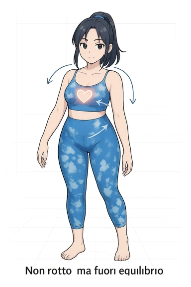 stile manga a woman stands in a relaxed pose, with a gentle, confident expression. Her body is shown with subtle, curved lines or arrows indicating areas of imbalance (such as a slight tilt in the shoulders or hips), but no signs of injury or damage. A soft glow or heart symbol at her core emphasizes resilience and the message “Non rotto, ma fuori equilibrio” The background is clean and clinical, with light blue tones. sticker