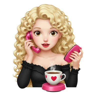 exaggerated features of woman with curly long blond hair, gossiping on a pink analogue phone, holding a tea cup, wearing an off-shoulder black top, red face sticker