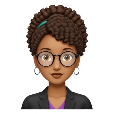 chica morena de ojos claros con gafas negras exagonales redondeadas. y pelo rizado castaño con todo el pelo recogido en una coleta .. Con todo el pelo recogido un clen look solamente una coleta sticker