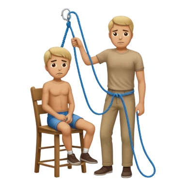 A man standing on a chair holding a rope with a sad face￼ sticker
