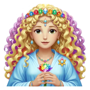 a being made of light pleidian nordic long faces and curly blond hair but beautiful features of light wearing jewels and a rainbow halo like a saint arount herwith a robe on made of light and diamonds semi transparent belly dancer and who is lanky holding a bouquet of crystal flowers on rainbow fire sticker