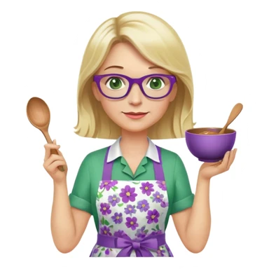 middle aged woman with shoulder length blonde hair, purple glasses, green eyes, wearing a flower apron, holding a bowl in one hand and a mixing spoon in the other sticker