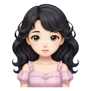 Cute kawaii anime lady with beautiful black wavy hair wearing a gorgeous soft feminine pastel dress sticker