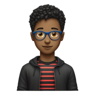 young boy with blue glasses, short hair, and black t-shirt anda red and black stripped shirt on top sticker