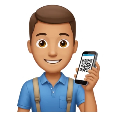 Draw a male tourist who pointed his phone to scan a QR code at a POS terminal for payment. In the style of an Apple emoji sticker