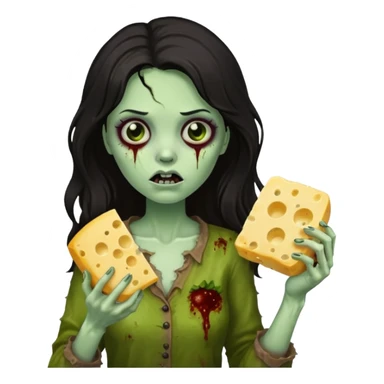 dark haired woman zombie holding moldy cheese piece sticker