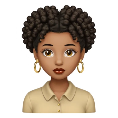 Create a 3D emoji of a teenage girl with deep brown skin, natural curly black hair in a high puff with styled baby hairs, long lashes, glossy lips, and soft glam makeup. Include a gold septum ring, small nose stud, gold earrings, and a beige collared shirt. sticker