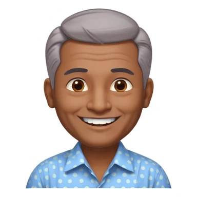 50 yr old indian man, dark skin, grey hair, big smile, white teeth, chubby, no moustache, clean shaven, young style hair, hair brushed back, 5 oclock shadow, bindy on forehead, dress shirt, forehead dot sticker