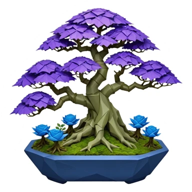 Futuristic wild glowing space alien moss maples Bonsai hair-pine-leaf group multi faceted intricate crystalline inspired boxwood purple rose blue informal rocky cliffhanger eight trees forest planting in shallow origami slab style pot with big animal-like feet  sticker