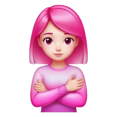 Shy girl character with arms crossed, transparent glass style, bright pink gradient, soft shadows and highlights, minimalist cute design sticker