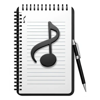 Minimalistic flat vector icon, iOS style, thin black contour on white background. Small notebook with a musical note on the cover, a pen placed next to it. Clean, modern, no text, no shadows. sticker