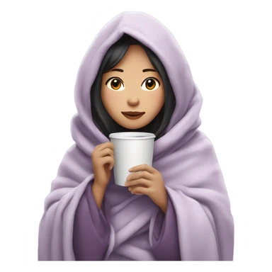 Asian girl wrapped in cozy blanket drinking coffee light purple sticker