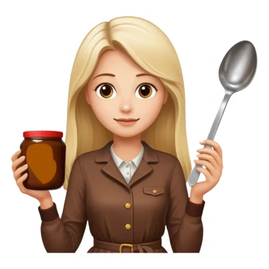 Nutella with a spoon. The glas of Nutella is almost empty . Next to the Nutella is the head of a blond woman who is looking forward to eat the Nutella. The hair of the woman needs to be longer. She is holding a big carriage of Nutella in her right hand and a oversized spoon in the other  sticker