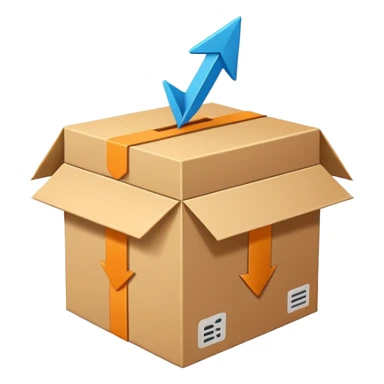 Minimal line-art icon of a shipping box with an arrow going up or a price tag, simple modern style, clean outlines, slightly 3D, no background, transparent, represents “reselling / e-commerce / flipping items” sticker