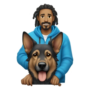 man with dreadlocks, mustache and goatee dressed in a blue hoodie alongside a brindle colored german shepherd dog sticker