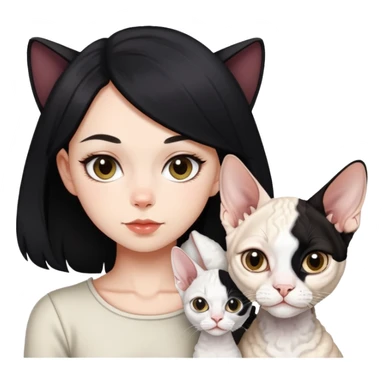 a  girl with black (long) hair with a white devon rex  sticker
