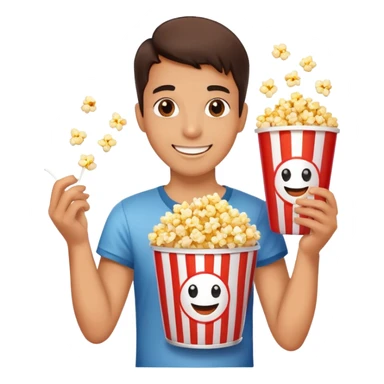Person watching a movie with a happy face, holding popcorn bucket, cinema lights reflected on face sticker