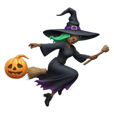 witch, flying to the left on a broom, throwing candy. sticker