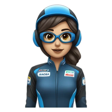Piloto mulher de kart morena com macacão da cor preto com detalhe azul escuro e capacete branco com detalhe azul escuro sticker