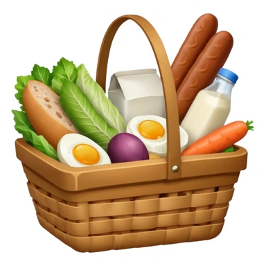 basket with groceries: milk, bread, sausage, eggs, potatoes, carrots, onions, cabbage sticker