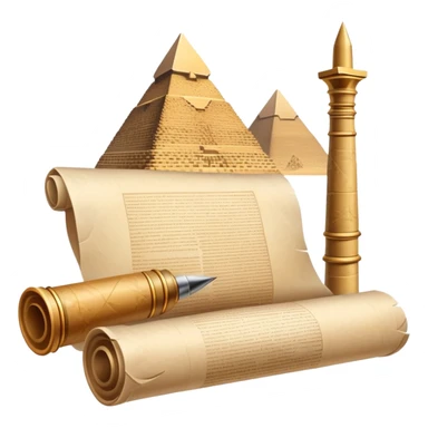 An icon showing a rolled parchment scroll, a quill pen, and ancient landmarks like pyramids and columns in the background. The design symbolizes the study of past civilizations, events, and heritage. Transparent background emphasizes the timeless exploration of human history. sticker